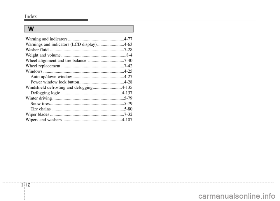 Hyundai Azera 2016  Owners Manual Index
12I
Warning and indicators ..................................................4-77
Warnings and indicators (LCD display) ........................4-63
Washer fluid ................................