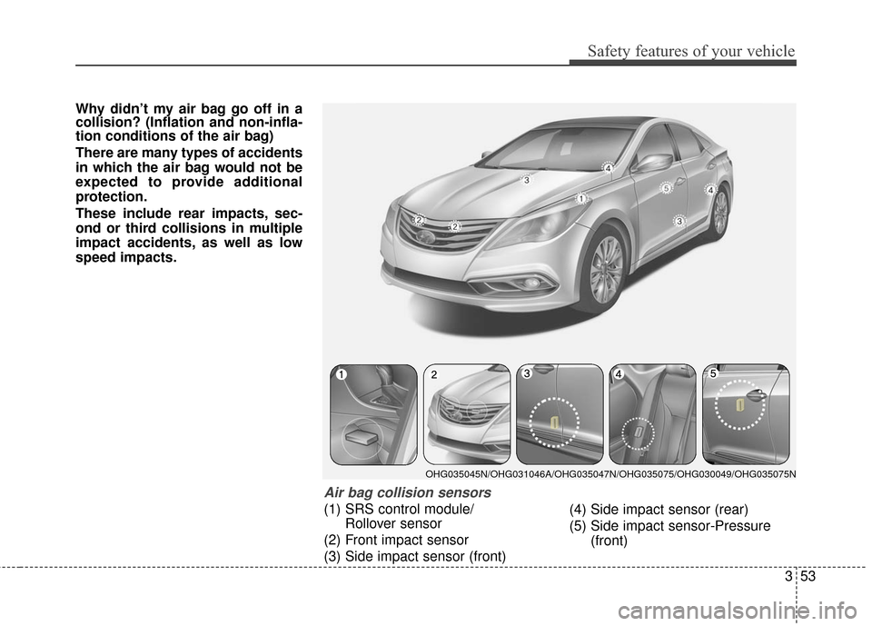 Hyundai Azera 2016 Manual PDF 353
Safety features of your vehicle
Why didn’t my air bag go off in a
collision? (Inflation and non-infla-
tion conditions of the air bag)
There are many types of accidents
in which the air bag woul