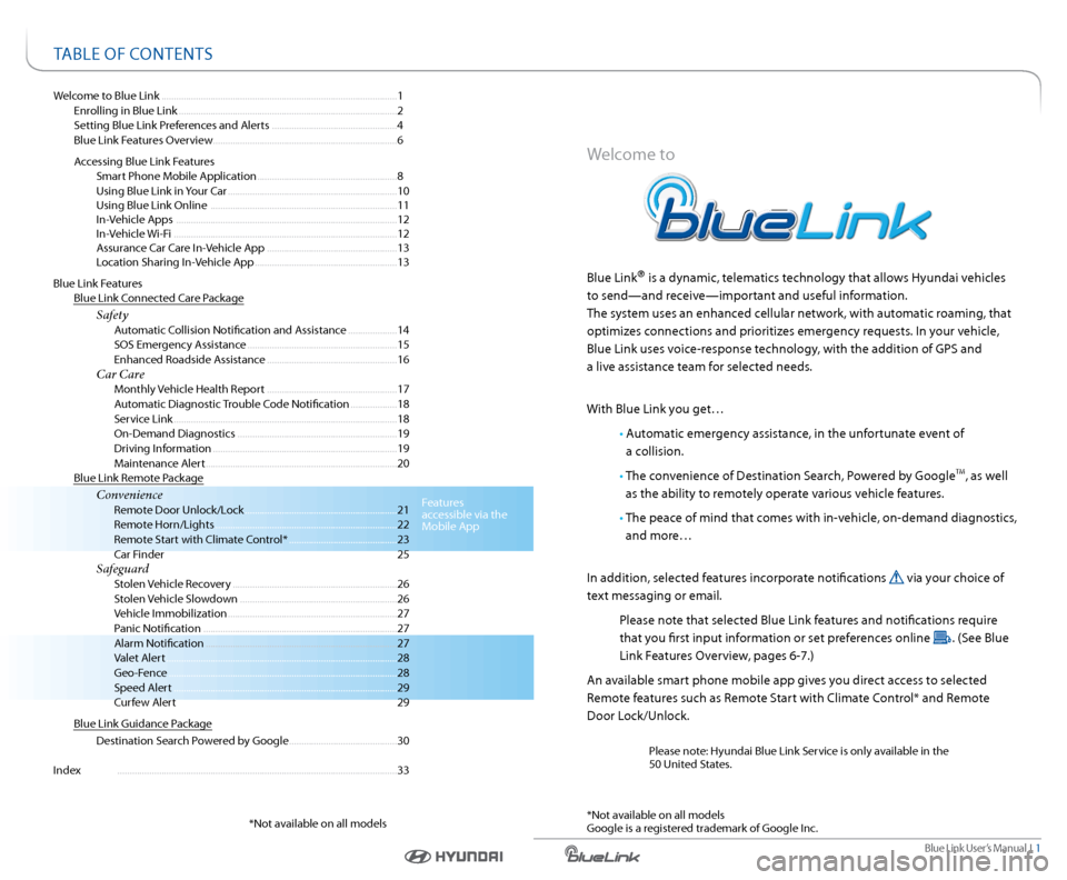 Hyundai Azera 2016  Gen 2 Blue Link Manual Blue link User’s Manual  I  1
Welcome to Blue link  ........................................................................\
........................ 1
  enrolling in Blue link ....................