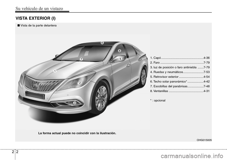 Hyundai Azera 2016  Manual del propietario (Grandeur) (in Spanish) Su vehículo de un vistazo
2 2
VISTA EXTERIOR (I)
OHG015005
■Vista de la parte delantera
La forma actual puede no coincidir con la ilustración.
1. Capó ............................................