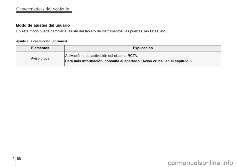 Hyundai Azera 2016 Manual del propietario (Grandeur) (in Spanish) Características del vehículo
68 4
Modo de ajustes del usuario
Ayuda a la conducción (opcional)
ElementosExplicación
Aviso cruceActivación o desactivación del sistema RCTA.
Para más información Hyundai Azera 2016 Manual del propietario (Grandeur) (in Spanish) Características del vehículo
68 4
Modo de ajustes del usuario
Ayuda a la conducción (opcional)
ElementosExplicación
Aviso cruceActivación o desactivación del sistema RCTA.
Para más información