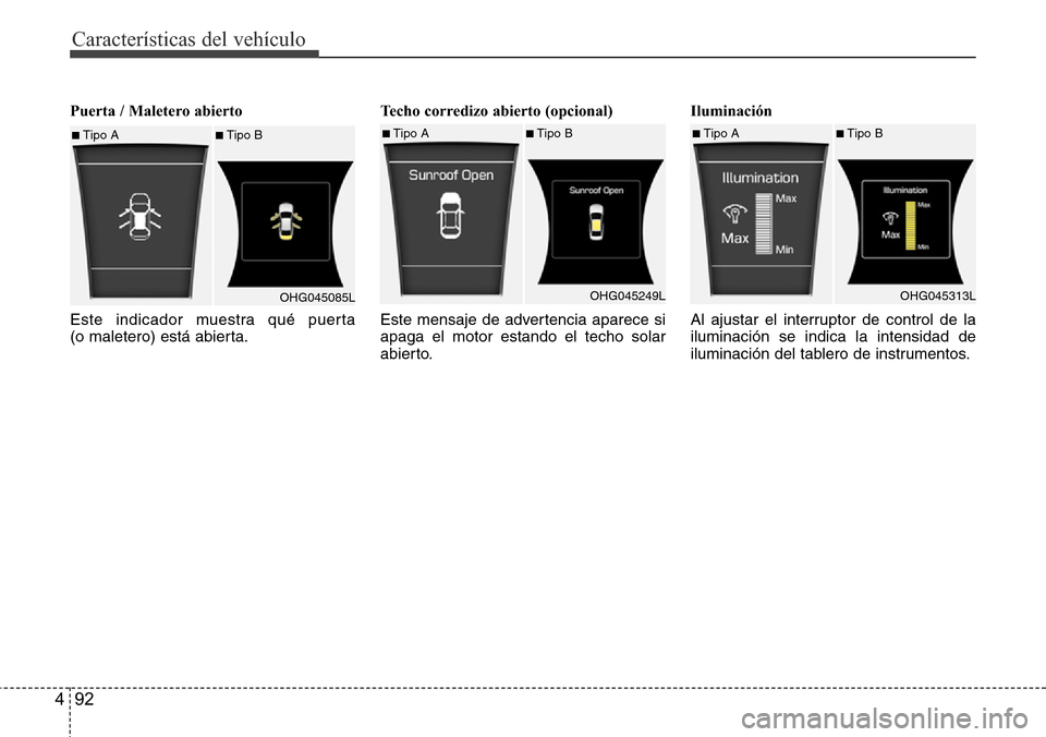 Hyundai Azera 2016 Manual del propietario (Grandeur) (in Spanish) CaracterÃsticas del vehÃculo
92 4
Puerta / Maletero abierto
Este indicador muestra qué puerta
(o maletero) está abierta.Techo corredizo abierto (opcional)
Este mensaje de advertencia aparece si
Hyundai Azera 2016 Manual del propietario (Grandeur) (in Spanish) CaracterÃsticas del vehÃculo
92 4
Puerta / Maletero abierto
Este indicador muestra qué puerta
(o maletero) está abierta.Techo corredizo abierto (opcional)
Este mensaje de advertencia aparece si