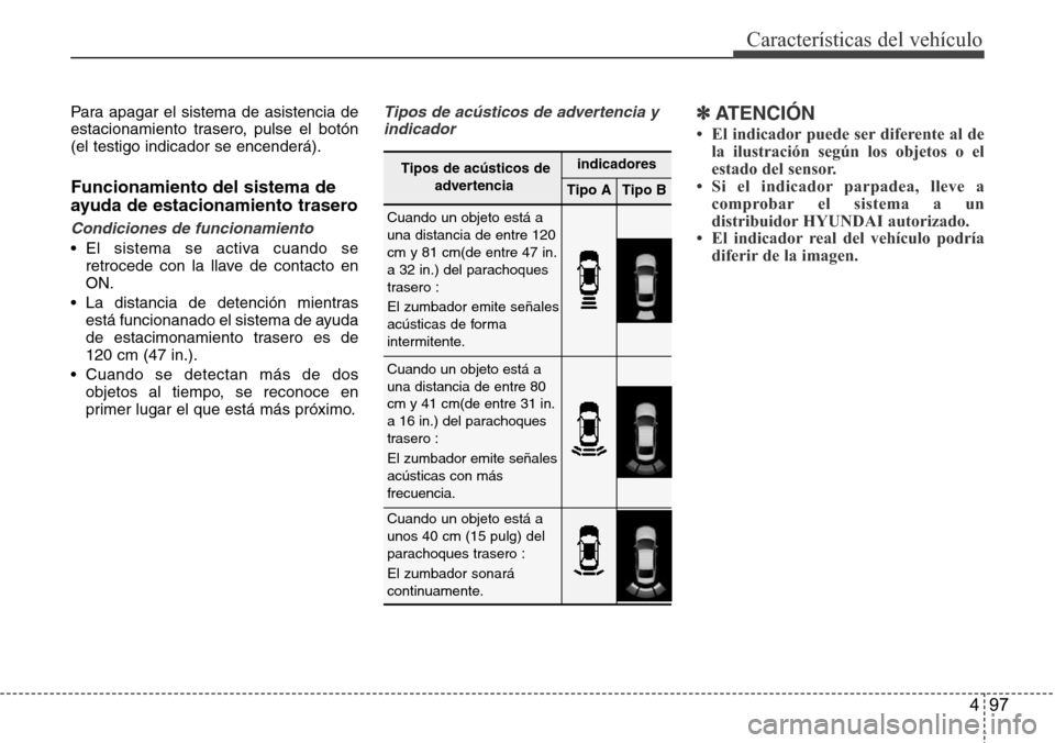 Hyundai Azera 2016 Manual del propietario (Grandeur) (in Spanish) 497
CaracterÃsticas del vehÃculo
Para apagar el sistema de asistencia de
estacionamiento trasero, pulse el botón
(el testigo indicador se encenderá).
Funcionamiento del sistema de
ayuda de estacio Hyundai Azera 2016 Manual del propietario (Grandeur) (in Spanish) 497
CaracterÃsticas del vehÃculo
Para apagar el sistema de asistencia de
estacionamiento trasero, pulse el botón
(el testigo indicador se encenderá).
Funcionamiento del sistema de
ayuda de estacio