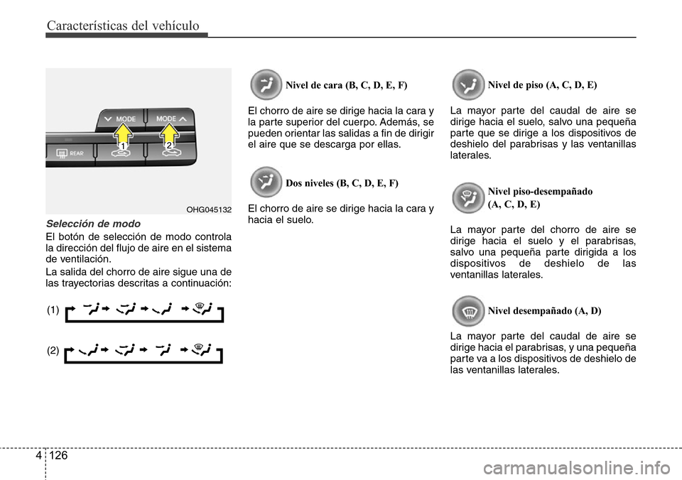 Hyundai Azera 2016 Manual del propietario (Grandeur) (in Spanish) Características del vehículo
126 4
Selección de modo
El botón de selección de modo controla
la dirección del flujo de aire en el sistema
de ventilación.
La salida del chorro de aire sigue una d Hyundai Azera 2016 Manual del propietario (Grandeur) (in Spanish) Características del vehículo
126 4
Selección de modo
El botón de selección de modo controla
la dirección del flujo de aire en el sistema
de ventilación.
La salida del chorro de aire sigue una d