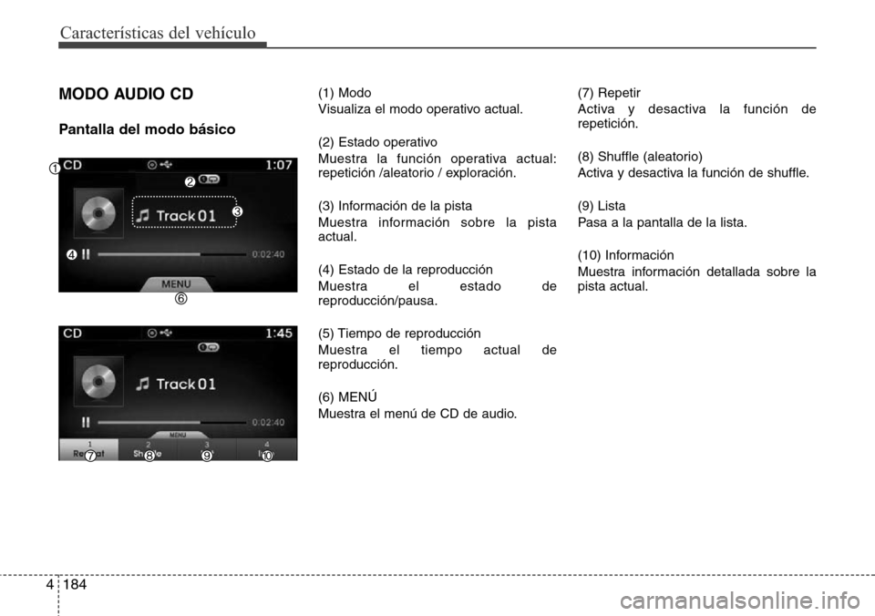 Hyundai Azera 2016 Manual del propietario (Grandeur) (in Spanish) 184 4
Características del vehículo
MODO AUDIO CD
Pantalla del modo básico
(1) Modo
Visualiza el modo operativo actual.
(2) Estado operativo
Muestra la función operativa actual:
repetición /aleato Hyundai Azera 2016 Manual del propietario (Grandeur) (in Spanish) 184 4
Características del vehículo
MODO AUDIO CD
Pantalla del modo básico
(1) Modo
Visualiza el modo operativo actual.
(2) Estado operativo
Muestra la función operativa actual:
repetición /aleato