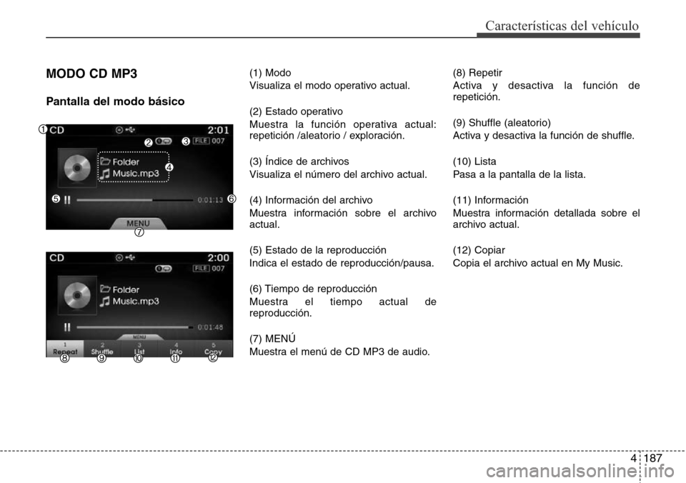 Hyundai Azera 2016 Manual del propietario (Grandeur) (in Spanish) 4187
Características del vehículo
MODO CD MP3
Pantalla del modo básico
(1) Modo
Visualiza el modo operativo actual.
(2) Estado operativo
Muestra la función operativa actual:
repetición /aleatorio Hyundai Azera 2016 Manual del propietario (Grandeur) (in Spanish) 4187
Características del vehículo
MODO CD MP3
Pantalla del modo básico
(1) Modo
Visualiza el modo operativo actual.
(2) Estado operativo
Muestra la función operativa actual:
repetición /aleatorio