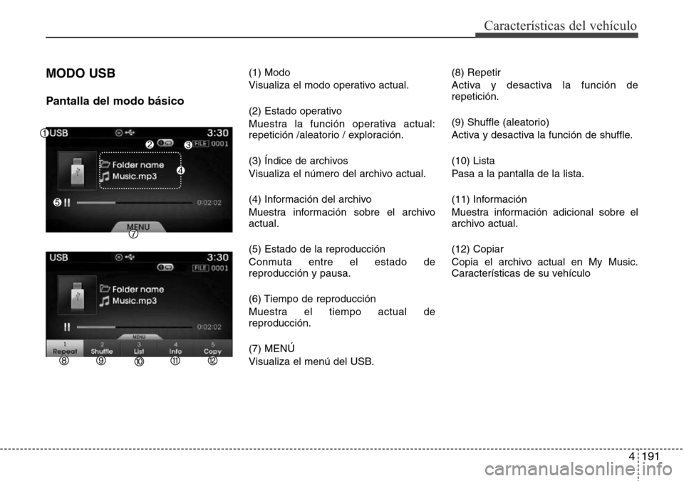 Hyundai Azera 2016 Manual del propietario (Grandeur) (in Spanish) 4191
Características del vehículo
MODO USB
Pantalla del modo básico
(1) Modo
Visualiza el modo operativo actual.
(2) Estado operativo
Muestra la función operativa actual:
repetición /aleatorio / Hyundai Azera 2016 Manual del propietario (Grandeur) (in Spanish) 4191
Características del vehículo
MODO USB
Pantalla del modo básico
(1) Modo
Visualiza el modo operativo actual.
(2) Estado operativo
Muestra la función operativa actual:
repetición /aleatorio /