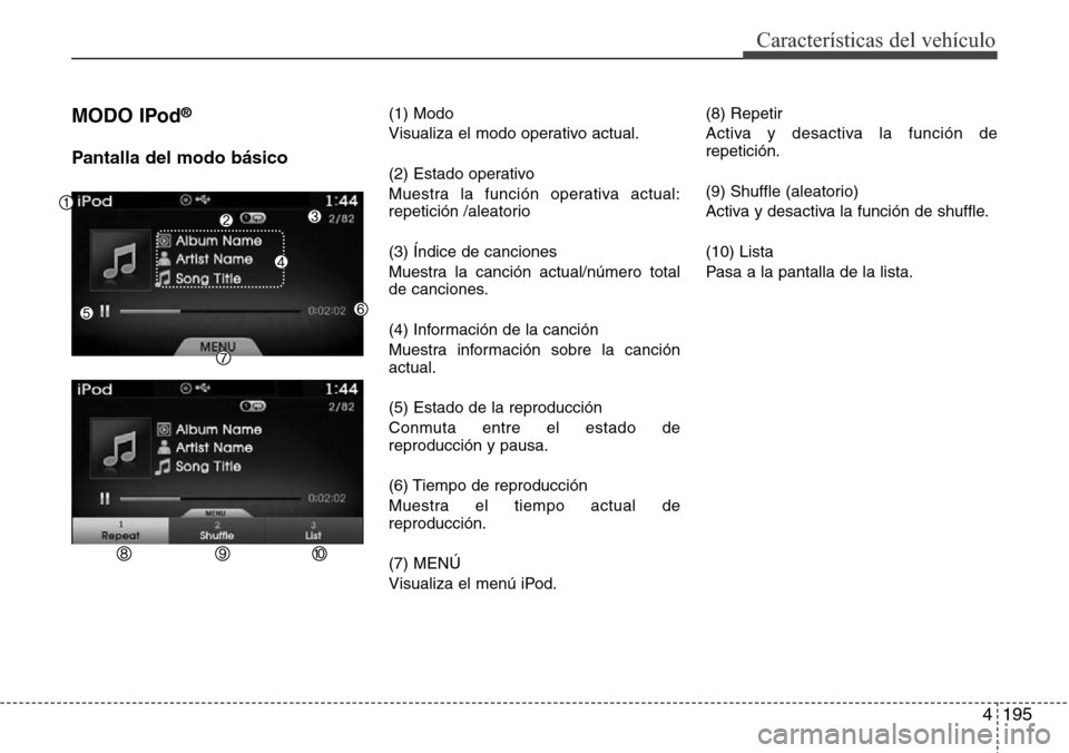 Hyundai Azera 2016 Manual del propietario (Grandeur) (in Spanish) 4195
Características del vehículo
MODO IPod®
Pantalla del modo básico
(1) Modo
Visualiza el modo operativo actual.
(2) Estado operativo
Muestra la función operativa actual:
repetición /aleatorio Hyundai Azera 2016 Manual del propietario (Grandeur) (in Spanish) 4195
Características del vehículo
MODO IPod®
Pantalla del modo básico
(1) Modo
Visualiza el modo operativo actual.
(2) Estado operativo
Muestra la función operativa actual:
repetición /aleatorio