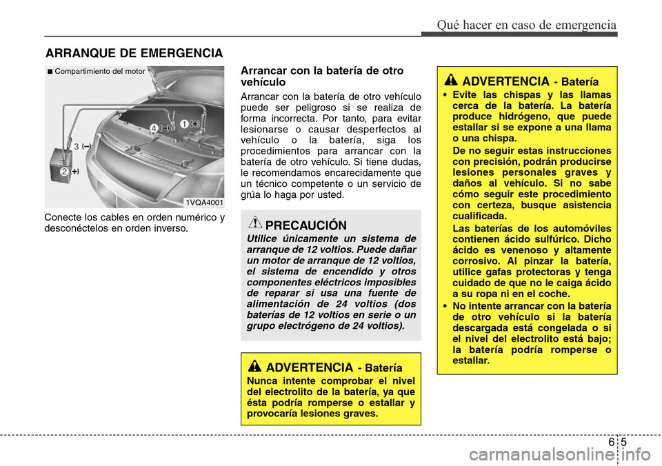 Hyundai Azera 2016 Manual del propietario (Grandeur) (in Spanish) 65
Qué hacer en caso de emergencia
ARRANQUE DE EMERGENCIA
Conecte los cables en orden numérico y
desconéctelos en orden inverso.
Arrancar con la batería de otro
vehículo
Arrancar con la batería Hyundai Azera 2016 Manual del propietario (Grandeur) (in Spanish) 65
Qué hacer en caso de emergencia
ARRANQUE DE EMERGENCIA
Conecte los cables en orden numérico y
desconéctelos en orden inverso.
Arrancar con la batería de otro
vehículo
Arrancar con la batería