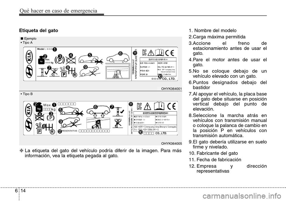 Hyundai Azera 2016 Manual del propietario (Grandeur) (in Spanish) Qué hacer en caso de emergencia
14 6
Etiqueta del gato1. Nombre del modelo
2.Carga máxima permitida
3.Accione el freno de
estacionamiento antes de usar el
gato.
4.Pare el motor antes de usar el
gato Hyundai Azera 2016 Manual del propietario (Grandeur) (in Spanish) Qué hacer en caso de emergencia
14 6
Etiqueta del gato1. Nombre del modelo
2.Carga máxima permitida
3.Accione el freno de
estacionamiento antes de usar el
gato.
4.Pare el motor antes de usar el
gato