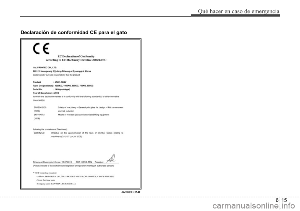 Hyundai Azera 2016 Manual del propietario (Grandeur) (in Spanish) 615
Qué hacer en caso de emergencia
JACKDOC14F
Declaración de conformidad CE para el gato Hyundai Azera 2016 Manual del propietario (Grandeur) (in Spanish) 615
Qué hacer en caso de emergencia
JACKDOC14F
Declaración de conformidad CE para el gato