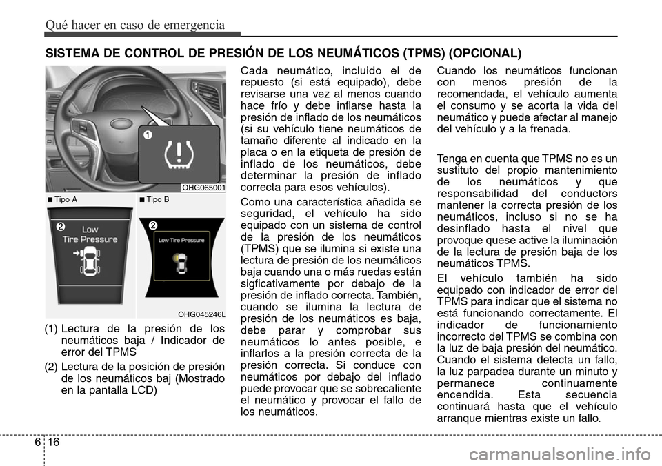 Hyundai Azera 2016 Manual del propietario (Grandeur) (in Spanish) Qué hacer en caso de emergencia
16 6
SISTEMA DE CONTROL DE PRESIÓN DE LOS NEUMÁTICOS (TPMS) (OPCIONAL)
(1) Lectura de la presión de los
neumáticos baja / Indicador de
error del TPMS
(2) Lectura d Hyundai Azera 2016 Manual del propietario (Grandeur) (in Spanish) Qué hacer en caso de emergencia
16 6
SISTEMA DE CONTROL DE PRESIÓN DE LOS NEUMÁTICOS (TPMS) (OPCIONAL)
(1) Lectura de la presión de los
neumáticos baja / Indicador de
error del TPMS
(2) Lectura d