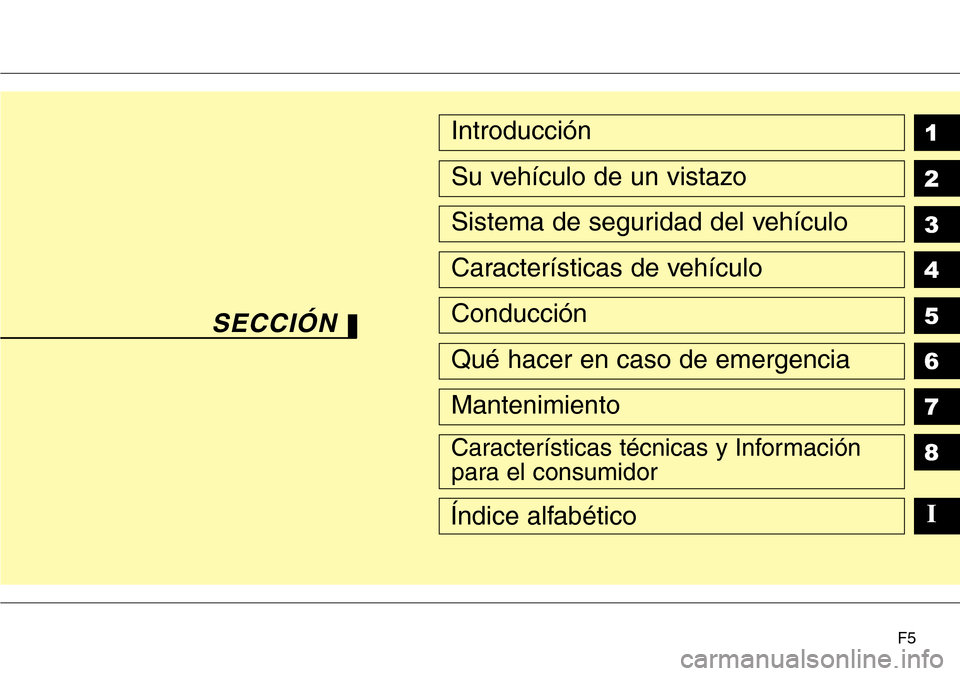 Hyundai Azera 2016  Manual del propietario (Grandeur) (in Spanish) F5
1
2
3
4
5
6
7
8Introducción
Su vehículo de un vistazo
Sistema de seguridad del vehículo
Características de vehículo
Conducción
Qué hacer en caso de emergencia
Mantenimiento
Características 