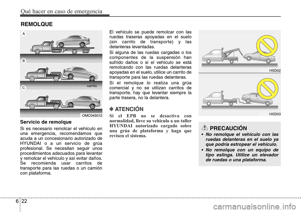 Hyundai Azera 2016 Manual del propietario (Grandeur) (in Spanish) Qué hacer en caso de emergencia
22 6
REMOLQUE
Servicio de remolque
Si es necesario remolcar el vehículo en
una emergencia, recomendamos que
acuda a un concesionario autorizado de
HYUNDAI o a un serv Hyundai Azera 2016 Manual del propietario (Grandeur) (in Spanish) Qué hacer en caso de emergencia
22 6
REMOLQUE
Servicio de remolque
Si es necesario remolcar el vehículo en
una emergencia, recomendamos que
acuda a un concesionario autorizado de
HYUNDAI o a un serv