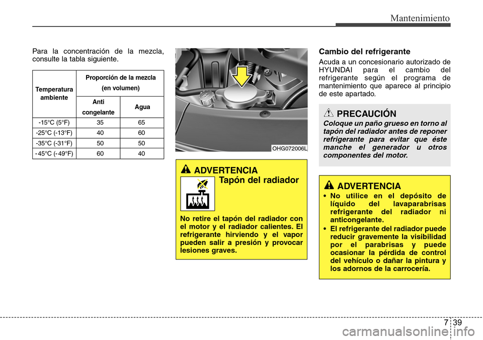 Hyundai Azera 2016 Manual del propietario (Grandeur) (in Spanish) 739
Mantenimiento
Para la concentración de la mezcla,
consulte la tabla siguiente.Cambio del refrigerante
Acuda a un concesionario autorizado de
HYUNDAI para el cambio del
refrigerante según el prog Hyundai Azera 2016 Manual del propietario (Grandeur) (in Spanish) 739
Mantenimiento
Para la concentración de la mezcla,
consulte la tabla siguiente.Cambio del refrigerante
Acuda a un concesionario autorizado de
HYUNDAI para el cambio del
refrigerante según el prog