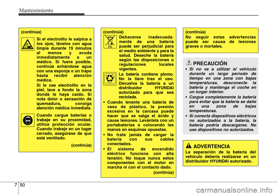 Hyundai Azera 2016 Manual del propietario (Grandeur) (in Spanish) Mantenimiento
50 7
(continúa)
Dehacerse inadecuada
-mente de una batería
puede ser perjudicial para
el medio ambiente y para la
salud. Deseche la batería
según las disposiciones o
regulaciones loc Hyundai Azera 2016 Manual del propietario (Grandeur) (in Spanish) Mantenimiento
50 7
(continúa)
Dehacerse inadecuada
-mente de una batería
puede ser perjudicial para
el medio ambiente y para la
salud. Deseche la batería
según las disposiciones o
regulaciones loc