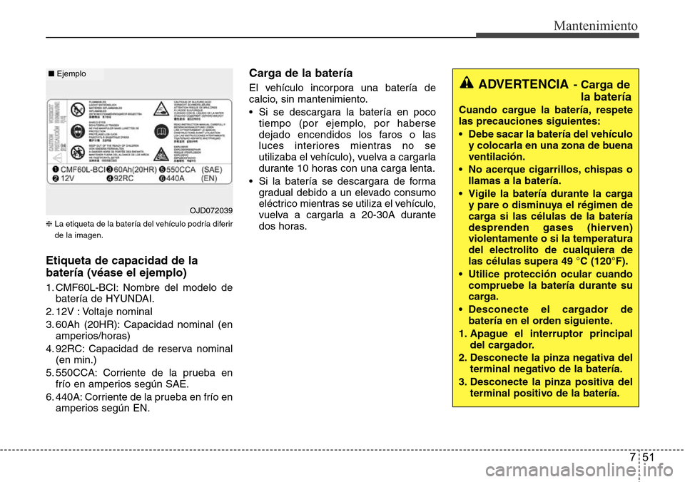 Hyundai Azera 2016 Manual del propietario (Grandeur) (in Spanish) 751
Mantenimiento
❈La etiqueta de la batería del vehículo podría diferir
de la imagen.
Etiqueta de capacidad de la
batería (véase el ejemplo)
1. CMF60L-BCI: Nombre del modelo de
batería de HYU Hyundai Azera 2016 Manual del propietario (Grandeur) (in Spanish) 751
Mantenimiento
❈La etiqueta de la batería del vehículo podría diferir
de la imagen.
Etiqueta de capacidad de la
batería (véase el ejemplo)
1. CMF60L-BCI: Nombre del modelo de
batería de HYU