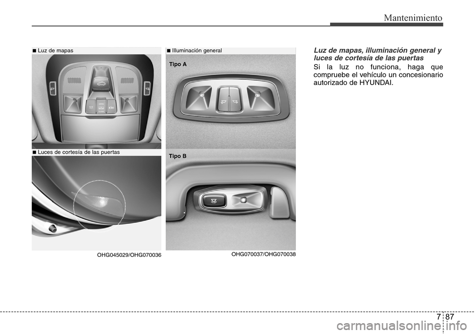 Hyundai Azera 2016 Manual del propietario (Grandeur) (in Spanish) 787
Mantenimiento
Luz de mapas, illuminación general y
luces de cortesía de las puertas
Si la luz no funciona, haga que
compruebe el vehículo un concesionario
autorizado de HYUNDAI.
■Luz de mapas Hyundai Azera 2016 Manual del propietario (Grandeur) (in Spanish) 787
Mantenimiento
Luz de mapas, illuminación general y
luces de cortesía de las puertas
Si la luz no funciona, haga que
compruebe el vehículo un concesionario
autorizado de HYUNDAI.
■Luz de mapas