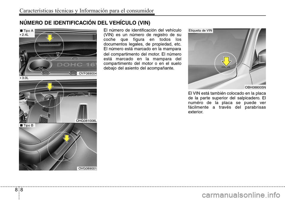 Hyundai Azera 2016  Manual del propietario (Grandeur) (in Spanish) 8 8
Características técnicas y Información para el consumidor
El número de identificación del vehículo
(VIN) es un número de registro de su
coche que figura en todos los
documentos legales, de 