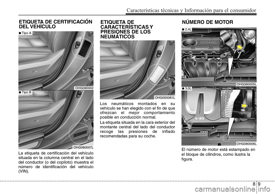 Hyundai Azera 2016  Manual del propietario (Grandeur) (in Spanish) 89
Características técnicas y Información para el consumidor
La etiqueta de certificación del vehículo
situada en la columna central en el lado
del conductor (o del copiloto) muestra el
número d