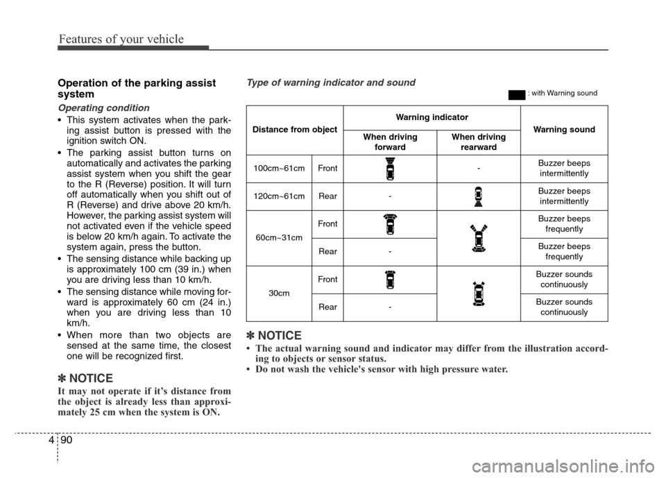 Hyundai Azera 2015 Owners Manual Features of your vehicle
90 4
Operation of the parking assist
system
Operating condition
• This system activates when the park-
ing assist button is pressed with the
ignition switch ON.
• The park Hyundai Azera 2015 Owners Manual Features of your vehicle
90 4
Operation of the parking assist
system
Operating condition
• This system activates when the park-
ing assist button is pressed with the
ignition switch ON.
• The park