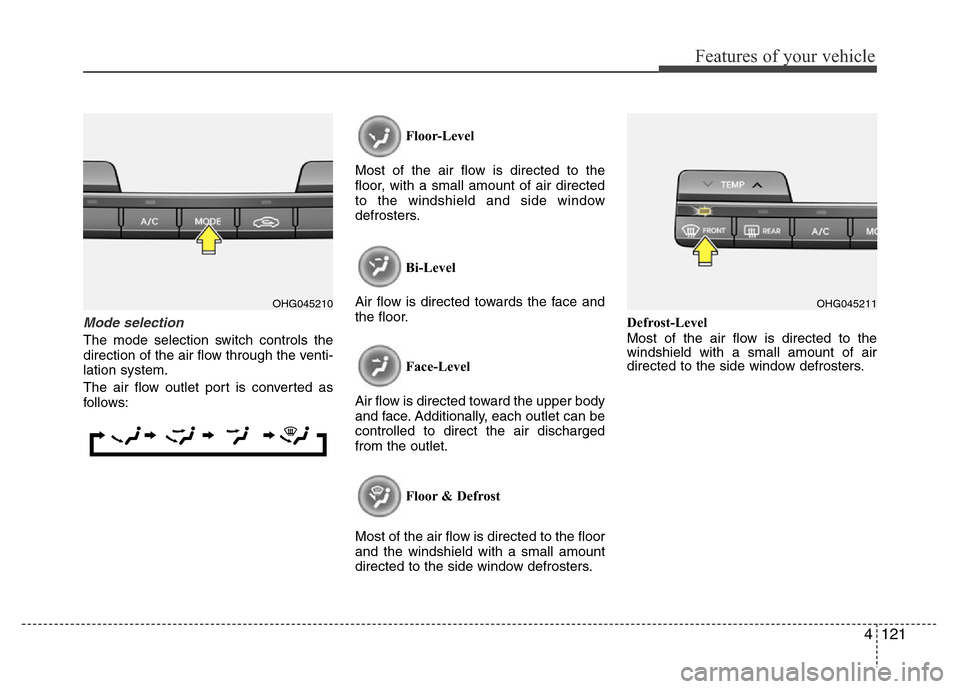 Hyundai Azera 2015 Owners Manual 4121
Features of your vehicle
Mode selection
The mode selection switch controls the
direction of the air flow through the venti-
lation system.
The air flow outlet port is converted as
follows:Floor-L Hyundai Azera 2015 Owners Manual 4121
Features of your vehicle
Mode selection
The mode selection switch controls the
direction of the air flow through the venti-
lation system.
The air flow outlet port is converted as
follows:Floor-L