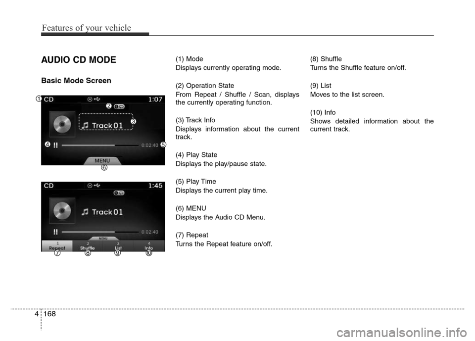 Hyundai Azera 2015 Owners Manual AUDIO CD MODE
Basic Mode Screen
(1) Mode
Displays currently operating mode.
(2) Operation State
From Repeat / Shuffle / Scan, displays
the currently operating function.
(3) Track Info
Displays informa Hyundai Azera 2015 Owners Manual AUDIO CD MODE
Basic Mode Screen
(1) Mode
Displays currently operating mode.
(2) Operation State
From Repeat / Shuffle / Scan, displays
the currently operating function.
(3) Track Info
Displays informa