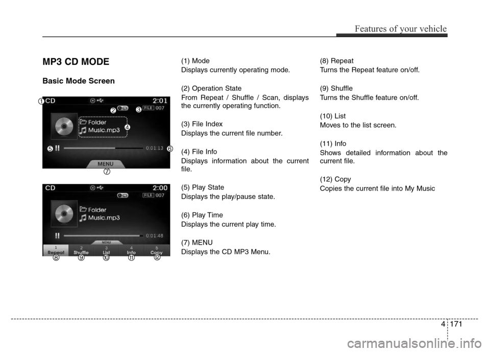 Hyundai Azera 2015 Owners Manual MP3 CD MODE
Basic Mode Screen
(1) Mode
Displays currently operating mode.
(2) Operation State
From Repeat / Shuffle / Scan, displays
the currently operating function.
(3) File Index
Displays the curre Hyundai Azera 2015 Owners Manual MP3 CD MODE
Basic Mode Screen
(1) Mode
Displays currently operating mode.
(2) Operation State
From Repeat / Shuffle / Scan, displays
the currently operating function.
(3) File Index
Displays the curre