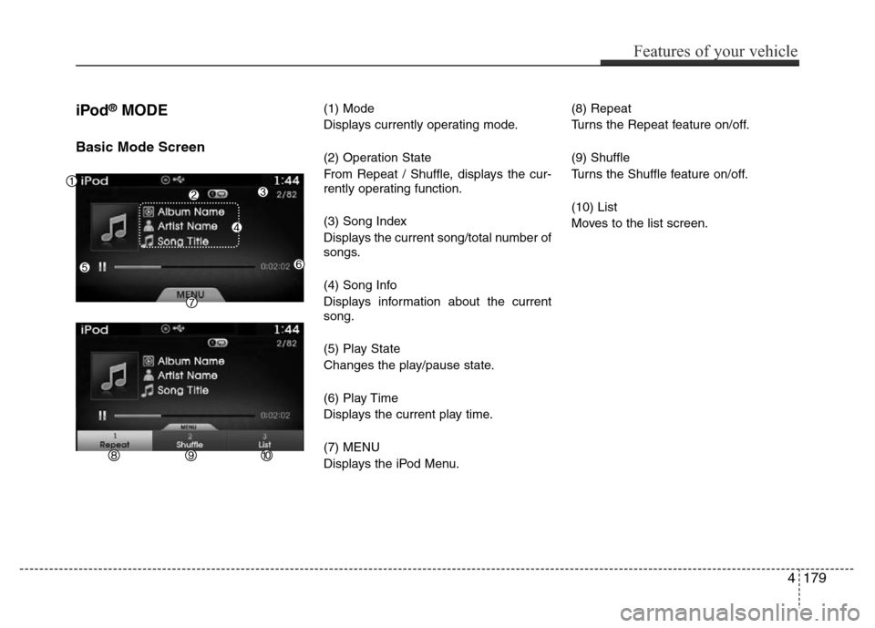 Hyundai Azera 2015 Owners Manual iPod®MODE
Basic Mode Screen
(1) Mode
Displays currently operating mode.
(2) Operation State
From Repeat / Shuffle, displays the cur-
rently operating function.
(3) Song Index
Displays the current son Hyundai Azera 2015 Owners Manual iPod®MODE
Basic Mode Screen
(1) Mode
Displays currently operating mode.
(2) Operation State
From Repeat / Shuffle, displays the cur-
rently operating function.
(3) Song Index
Displays the current son