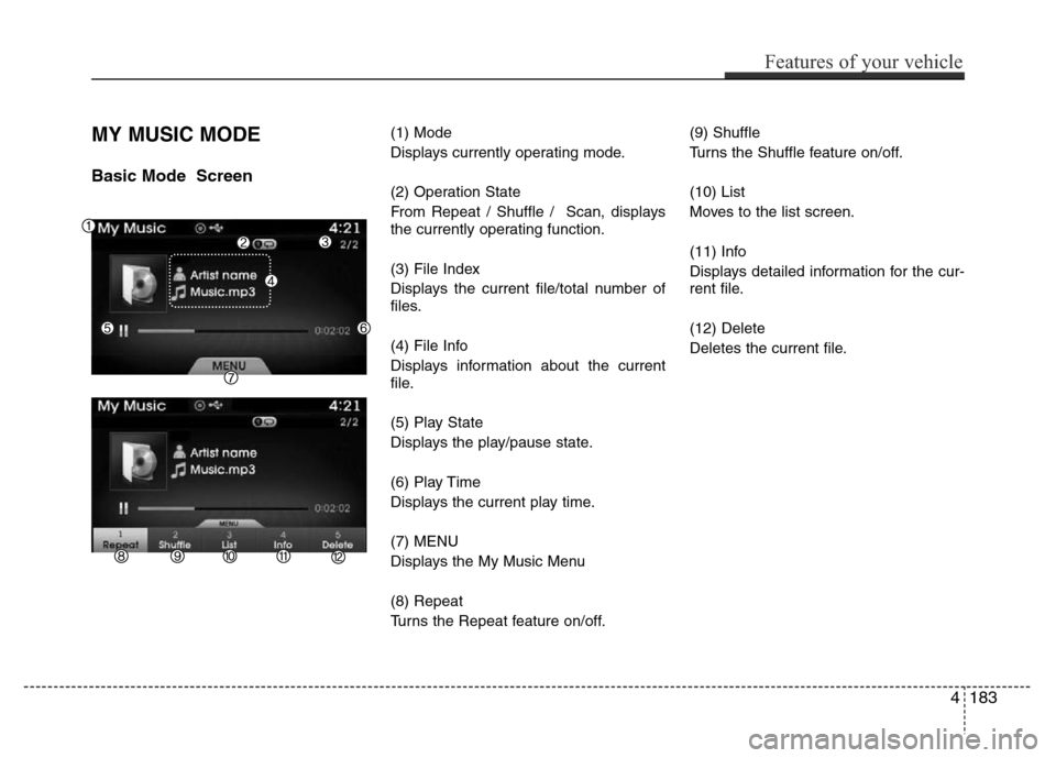 Hyundai Azera 2015 Owners Manual MY MUSIC MODE
Basic Mode Screen
(1) Mode
Displays currently operating mode.
(2) Operation State
From Repeat / Shuffle / Scan, displays
the currently operating function.
(3) File Index
Displays the c Hyundai Azera 2015 Owners Manual MY MUSIC MODE
Basic Mode Screen
(1) Mode
Displays currently operating mode.
(2) Operation State
From Repeat / Shuffle / Scan, displays
the currently operating function.
(3) File Index
Displays the c