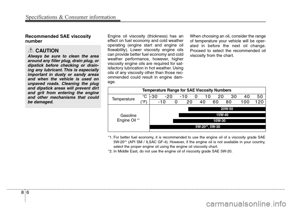 Hyundai Azera 2015 Owners Manual Specifications & Consumer information
6 8
Recommended SAE viscosity
number Engine oil viscosity (thickness) has an
effect on fuel economy and cold weather
operating (engine start and engine oil
flow Hyundai Azera 2015 Owners Manual Specifications & Consumer information
6 8
Recommended SAE viscosity
number Engine oil viscosity (thickness) has an
effect on fuel economy and cold weather
operating (engine start and engine oil
flow