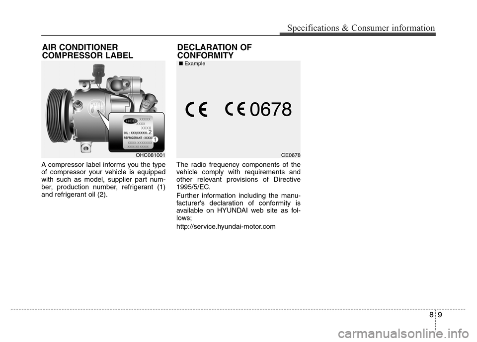 Hyundai Azera 2015 Owners Manual 89
Specifications & Consumer information
A compressor label informs you the type
of compressor your vehicle is equipped
with such as model, supplier part num-
ber, production number, refrigerant (1)
a Hyundai Azera 2015 Owners Manual 89
Specifications & Consumer information
A compressor label informs you the type
of compressor your vehicle is equipped
with such as model, supplier part num-
ber, production number, refrigerant (1)
a