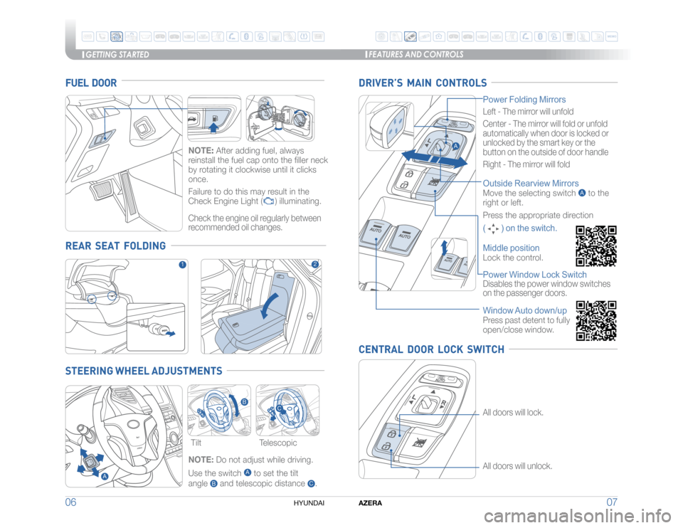 Hyundai Azera 2015  Quick Reference Guide AZERA
07
GETTING STARTED
06
HYUNDAI 
Outside Rearview MirrorsMove the selecting switch 
A to the  
right or left. 
Press the appropriate direction 
(
 ) on the switch.
Middle position
Lock the control