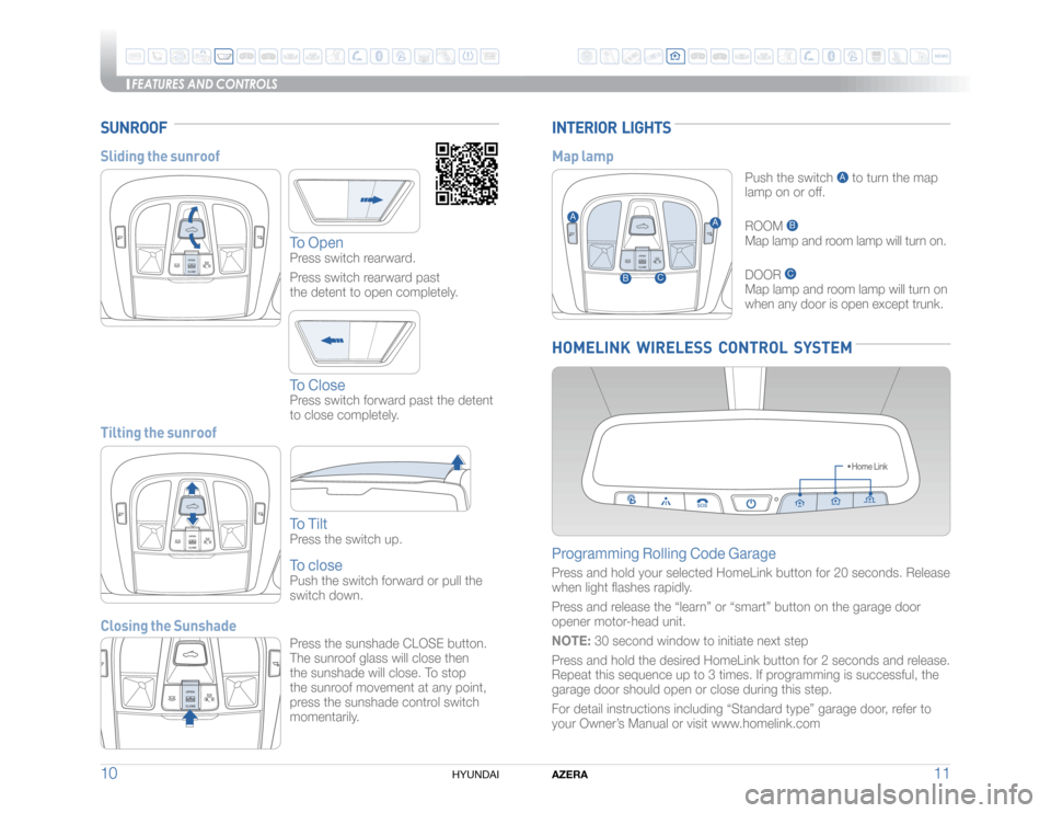 Hyundai Azera 2015  Quick Reference Guide FEATURES AND CONTROLS
AZERA
11 10
HYUNDAI 
SUNROOFSliding the sunroof
To Open
Press switch rearward. 
Press switch rearward past  
the detent to open completely.To ClosePress switch forward past the d