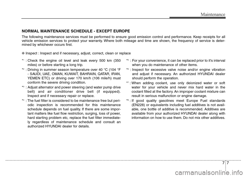 Hyundai Azera 2014  Owners Manual 77
Maintenance
NORMAL MAINTENANCE SCHEDULE - EXCEPT EUROPE
The following maintenance services must be performed to ensure good emission control and performance. Keep receipts for all
vehicle emission 