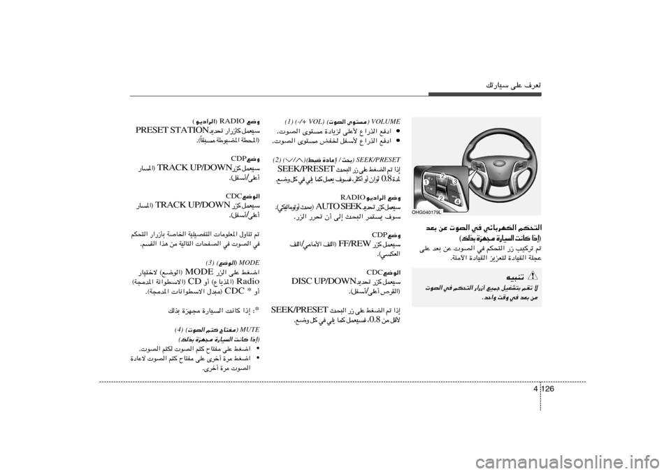 Hyundai Azera 2014  دليل المالك 126 4
pð—UOÝ vKŽ ·dFð
 VOLUME®
 uB« Èu² ©
(-/+ VOL) 
(1)
• lœ«   Ÿ«—c«   vKŽ_   …œU¹e   Èu²    uB« .
• lœ«   Ÿ«—c«   qHÝ_   iH)   Èu²    uB« 