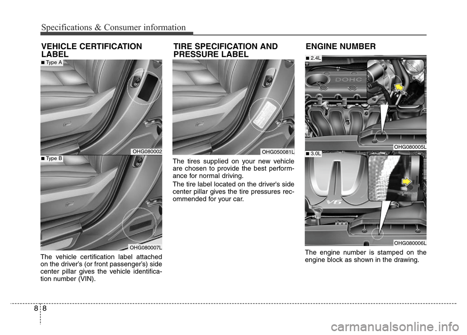 Hyundai Azera 2013  Owners Manual Specifications & Consumer information
8 8
The vehicle certification label attached
on the driver’s (or front passenger’s) side
center pillar gives the vehicle identifica-
tion number (VIN).The tir