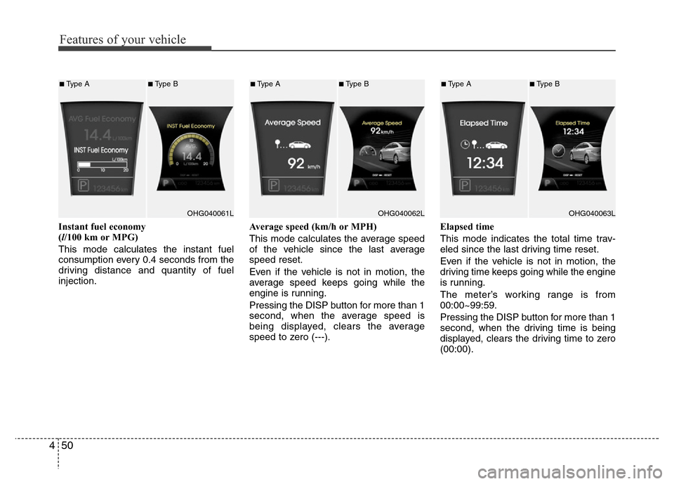 Hyundai Azera 2012  Owners Manual Features of your vehicle
50 4
Instant fuel economy 
(l/100 km or MPG)
This mode calculates the instant fuel
consumption every 0.4 seconds from the
driving distance and quantity of fuel
injection.Avera