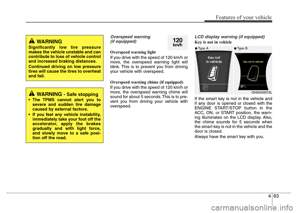 Hyundai Azera 2012 Owners Manual 463
Features of your vehicle
Overspeed warning
(if equipped)
Overspeed warning light
If you drive with the speed of 120 km/h or
more, the overspeed warning light will
blink. This is to prevent you fr Hyundai Azera 2012 Owners Manual 463
Features of your vehicle
Overspeed warning
(if equipped)
Overspeed warning light
If you drive with the speed of 120 km/h or
more, the overspeed warning light will
blink. This is to prevent you fr