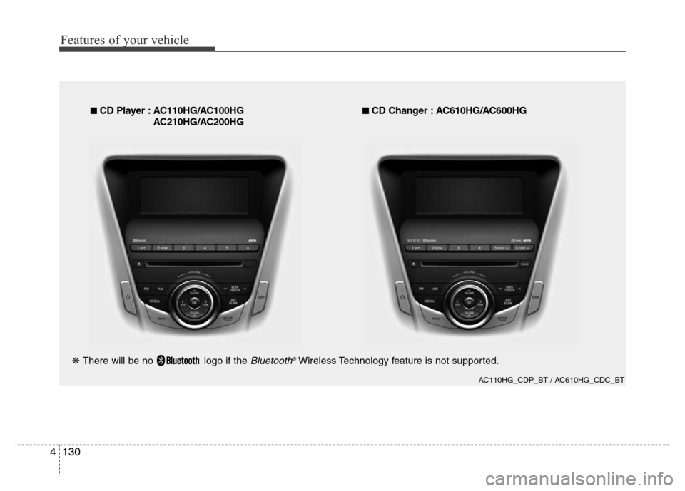 Hyundai Azera 2012  Owners Manual Features of your vehicle
130 4
AC110HG_CDP_BT / AC610HG_CDC_BT
■ CD Player : AC110HG/AC100HG
AC210HG/AC200HG■ CD Changer : AC610HG/AC600HG
❋ There will be no   logo if the 
Bluetooth®Wireless T