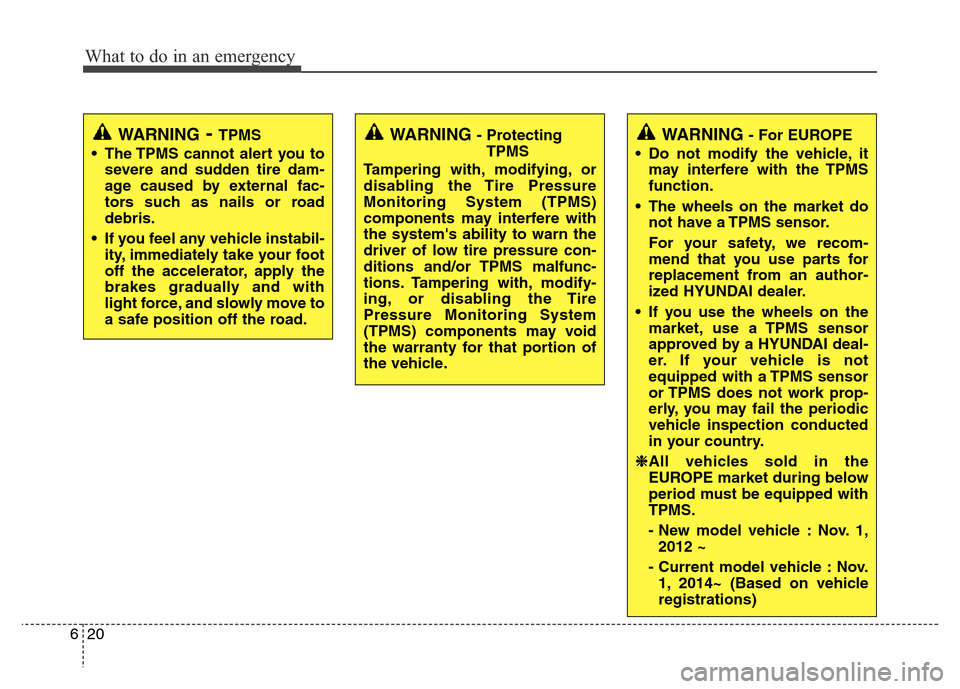 Hyundai Azera 2012  Owners Manual What to do in an emergency
20 6
WARNING - Protecting
TPMS
Tampering with, modifying, or
disabling the Tire Pressure
Monitoring System (TPMS)
components may interfere with
the systems ability to warn 