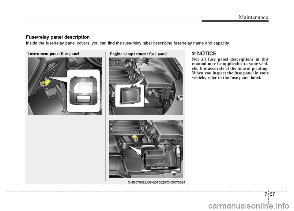 Hyundai Azera 2012 Owners Manual 757
Maintenance
✽NOTICE
Not all fuse panel descriptions in this
manual may be applicable to your vehi-
cle. It is accurate at the time of printing.
When you inspect the fuse panel in your
vehicle, r Hyundai Azera 2012 Owners Manual 757
Maintenance
✽NOTICE
Not all fuse panel descriptions in this
manual may be applicable to your vehi-
cle. It is accurate at the time of printing.
When you inspect the fuse panel in your
vehicle, r