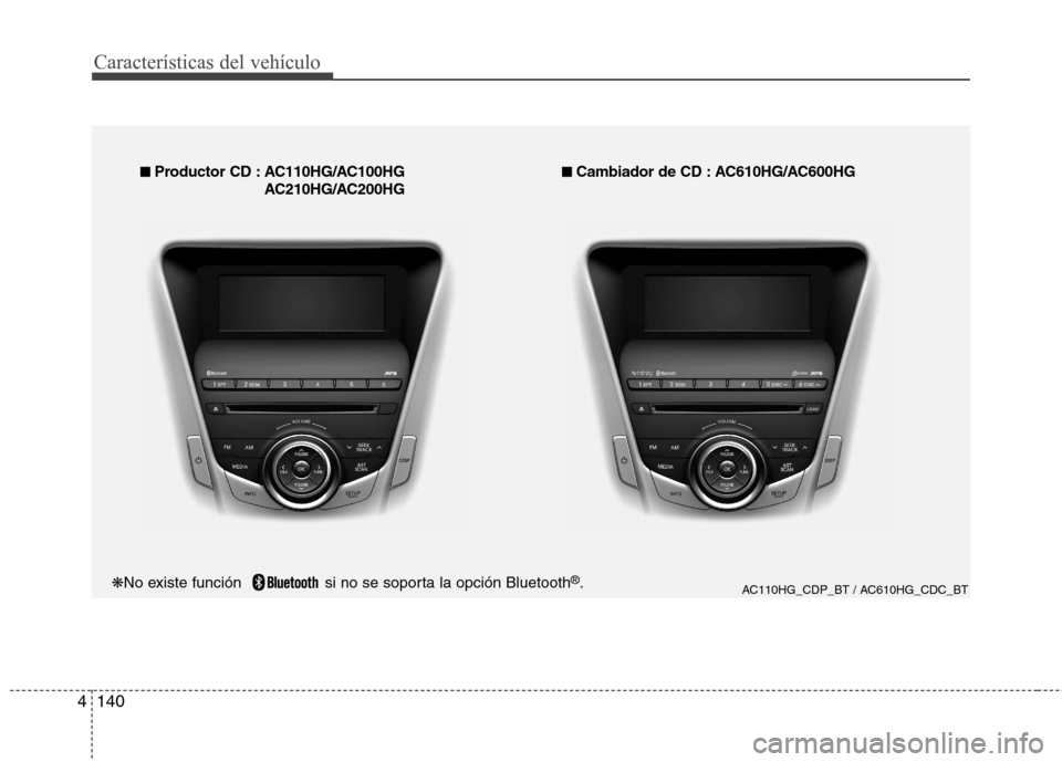 Hyundai Azera 2012 Manual del propietario (in Spanish) 140
4
Características del vehículo
AC110HG_CDP_BT / AC610HG_CDC_BT
■
■
Productor CD : AC110HG/AC100HG
AC210HG/AC200HG ■■
Cambiador de CD : AC610HG/AC600HG
❋ No existe función si n Hyundai Azera 2012 Manual del propietario (in Spanish) 140
4
Características del vehículo
AC110HG_CDP_BT / AC610HG_CDC_BT
■
■
Productor CD : AC110HG/AC100HG
AC210HG/AC200HG ■■
Cambiador de CD : AC610HG/AC600HG
❋ No existe función si n