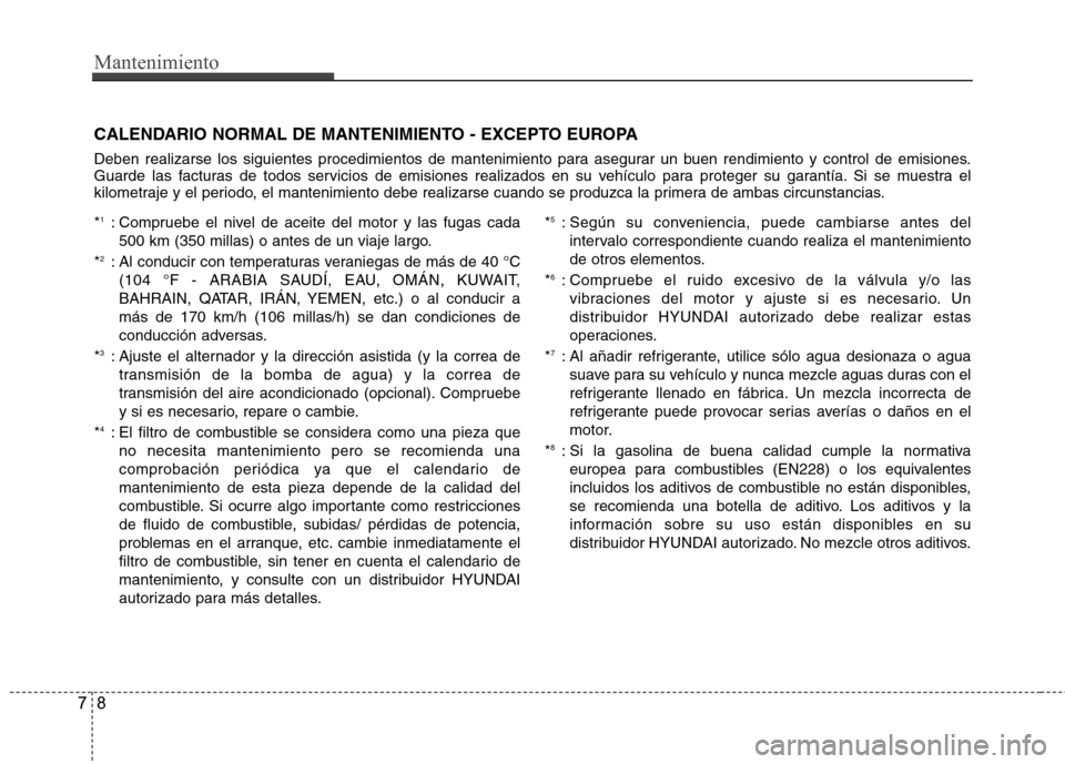 Hyundai Azera 2012 Manual del propietario (in Spanish) Mantenimiento
8
7
CALENDARIO NORMAL DE MANTENIMIENTO - EXCEPTO EUROPA
Deben realizarse los siguientes procedimientos de mantenimiento para asegurar un buen rendimiento y control de emisiones.
Guard Hyundai Azera 2012 Manual del propietario (in Spanish) Mantenimiento
8
7
CALENDARIO NORMAL DE MANTENIMIENTO - EXCEPTO EUROPA
Deben realizarse los siguientes procedimientos de mantenimiento para asegurar un buen rendimiento y control de emisiones.
Guard