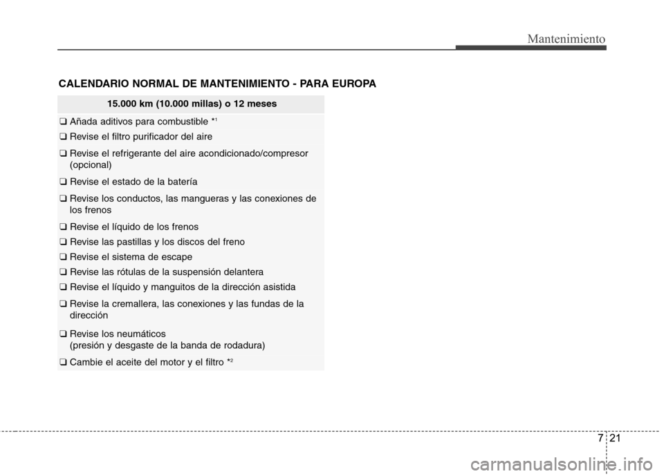 Hyundai Azera 2012 Manual del propietario (in Spanish) 721
Mantenimiento
15.000 km (10.000 millas) o 12 meses
❑ Añada aditivos para combustible * 1
❑
Revise el filtro purificador del aire
❑ Revise el refrigerante del aire acondicionado/compresor Hyundai Azera 2012 Manual del propietario (in Spanish) 721
Mantenimiento
15.000 km (10.000 millas) o 12 meses
❑ Añada aditivos para combustible * 1
❑
Revise el filtro purificador del aire
❑ Revise el refrigerante del aire acondicionado/compresor