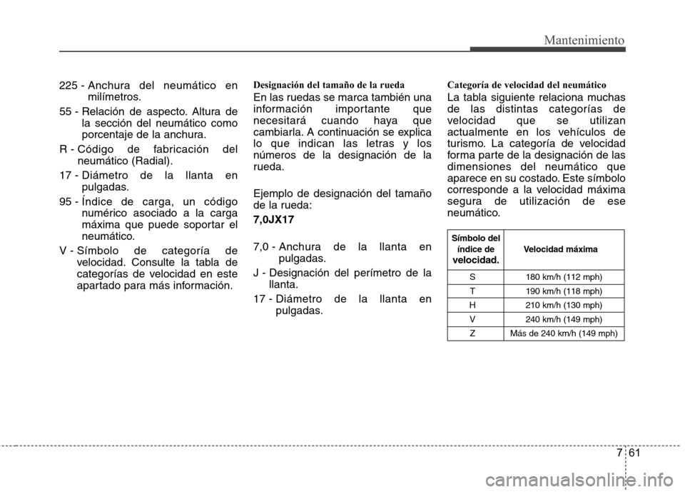 Hyundai Azera 2012 Manual del propietario (in Spanish) 761
Mantenimiento
225 - Anchura del neumático en
milímetros.
55 - Relación de aspecto. Altura de la sección del neumático como
porcentaje de la anchura.
R - Código de fabricación del neumátic Hyundai Azera 2012 Manual del propietario (in Spanish) 761
Mantenimiento
225 - Anchura del neumático en
milímetros.
55 - Relación de aspecto. Altura de la sección del neumático como
porcentaje de la anchura.
R - Código de fabricación del neumátic