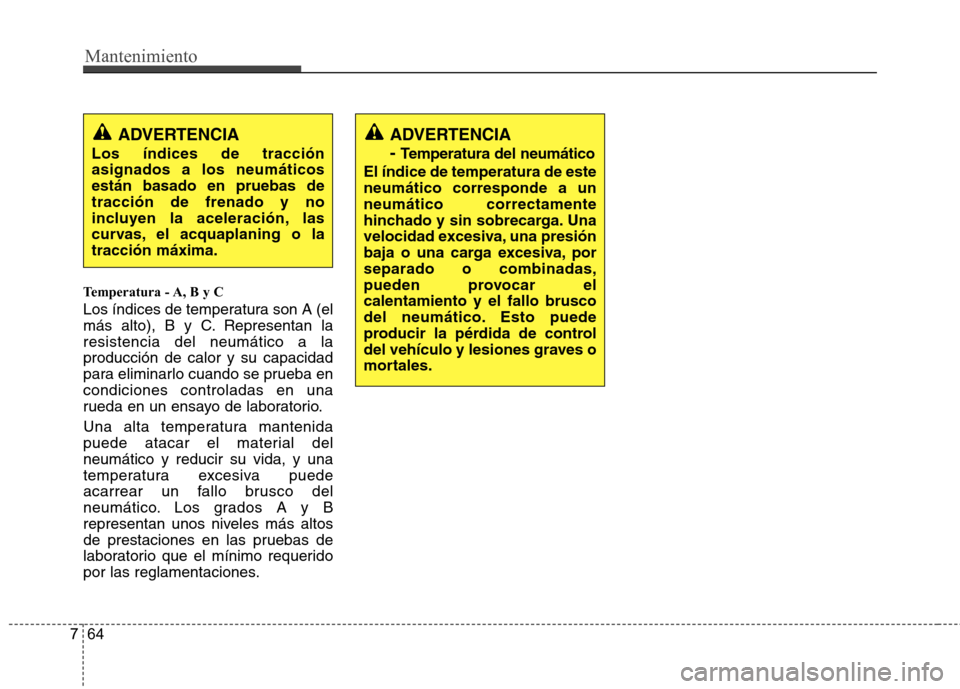 Hyundai Azera 2012 Manual del propietario (in Spanish) Mantenimiento
64
7
Temperatura - A, B y C
Los índices de temperatura son A (el
más alto), B y C. Representan laresistencia del neumático a laproducción de calor y su capacidad
para eliminarlo cu Hyundai Azera 2012 Manual del propietario (in Spanish) Mantenimiento
64
7
Temperatura - A, B y C
Los índices de temperatura son A (el
más alto), B y C. Representan laresistencia del neumático a laproducción de calor y su capacidad
para eliminarlo cu