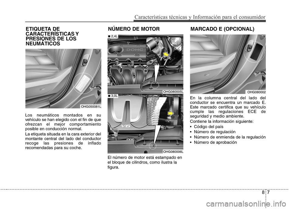 Hyundai Azera 2012 Manual del propietario (in Spanish) 87
Características técnicas y Información para el consumidor
Los neumáticos montados en su
vehículo se han elegido con el fin de que
ofrezcan el mejor comportamiento
posible en conducción norma Hyundai Azera 2012 Manual del propietario (in Spanish) 87
Características técnicas y Información para el consumidor
Los neumáticos montados en su
vehículo se han elegido con el fin de que
ofrezcan el mejor comportamiento
posible en conducción norma