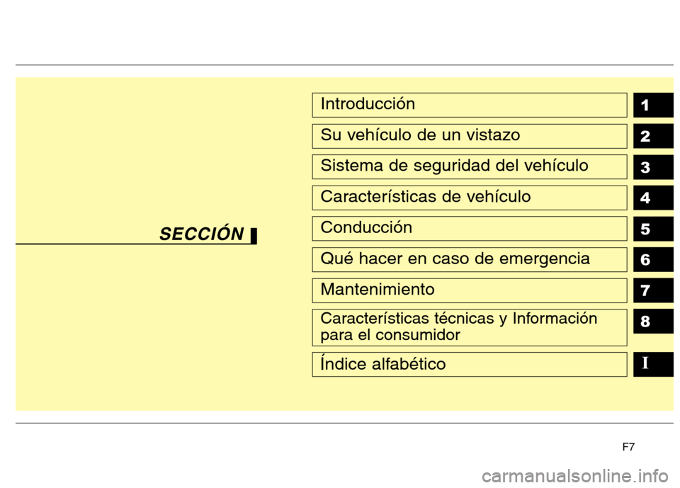 Hyundai Azera 2012 Manual del propietario (in Spanish) F7
1 2 3 4 5 6 78Introducción
Su vehículo de un vistazo
Sistema de seguridad del vehículo
Características de vehículo
Conducción
Qué hacer en caso de emergencia
Mantenimiento
Características t Hyundai Azera 2012 Manual del propietario (in Spanish) F7
1 2 3 4 5 6 78Introducción
Su vehículo de un vistazo
Sistema de seguridad del vehículo
Características de vehículo
Conducción
Qué hacer en caso de emergencia
Mantenimiento
Características t