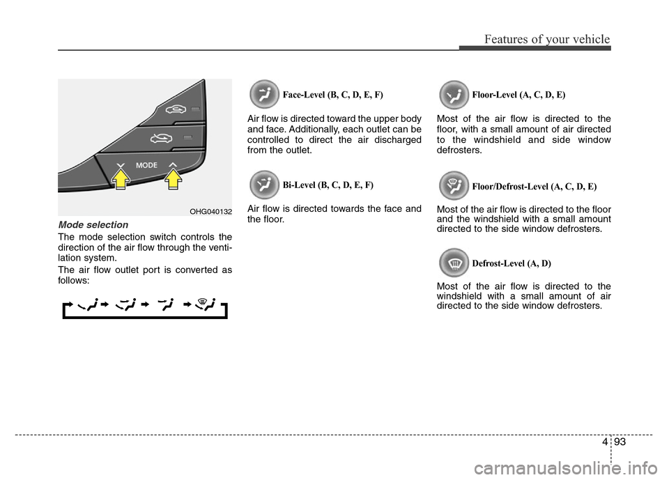 Hyundai Azera 2011 Owners Manual 493
Features of your vehicle
Mode selection
The mode selection switch controls the
direction of the air flow through the venti-
lation system.
The air flow outlet port is converted as
follows:
Face-Le Hyundai Azera 2011 Owners Manual 493
Features of your vehicle
Mode selection
The mode selection switch controls the
direction of the air flow through the venti-
lation system.
The air flow outlet port is converted as
follows:
Face-Le
